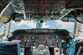 Old cockpit of a passenger airline plane