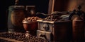 Old coffee grinder coffee beans warm. A coffee grinder sitting on top of a pile of coffee beans Royalty Free Stock Photo