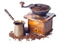 Old coffee grinder, coffee maker and coffee beans Royalty Free Stock Photo