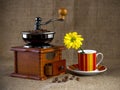 An old coffee grinder and a Cup of coffee with a yellow flower Royalty Free Stock Photo