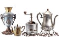 Old coffee pot, samovar, grinder coffee and beans isolated on white background Royalty Free Stock Photo