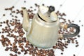 Old coffee pot spilled and spilled coffee beans Royalty Free Stock Photo