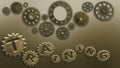 Training old cogs on a worn isolated technology circuits machine New future concept background for business solution metal gold Royalty Free Stock Photo