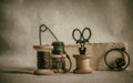 Old coils and vintage sewing accessories. Royalty Free Stock Photo