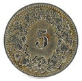 Old coin, 5 rappen, Switzerland 1913, Reverse