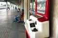 Old coin weight scale at Larissa Train Station platform. Royalty Free Stock Photo