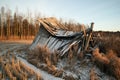 Old collapsed barn in December winter sunlight Royalty Free Stock Photo