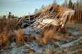 Old collapsed barn in December winter sunlight Royalty Free Stock Photo