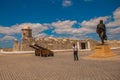 The old colonial castle of San Salvador de la Punta and the statue of the Venezuelan revolutionary Francisco de Miranda, Havana, C Royalty Free Stock Photo