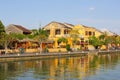 Yellow historic buildings river reflections, Hoi An Royalty Free Stock Photo