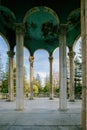Old colonnade in an abandoned palace. Former sanatorium Medea in Tskaltubo Royalty Free Stock Photo