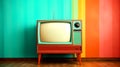 Old colored television and colored wall