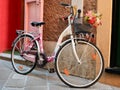 Old Colorful Bicycle Parked Outside Apartment