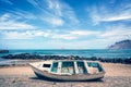 Old colorful fishing boat, atlantic ocean in the background, Lanzarote, Canary islands, Spain Royalty Free Stock Photo