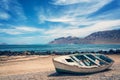 Old colorful fishing boat, atlantic ocean in the background, Lanzarote, Canary islands Spain Royalty Free Stock Photo