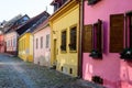 Old colorful painted houses in the historical center of the Sighisoara citadel, in Transylvania Transilvania region of Romania, Royalty Free Stock Photo