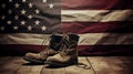 Old combat boots and dog tags with American flag. Neural network AI generated Royalty Free Stock Photo