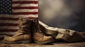 Old combat boots and dog tags with American flag. Neural network AI generated Royalty Free Stock Photo