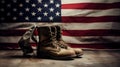 Old combat boots and dog tags with American flag. Neural network AI generated Royalty Free Stock Photo