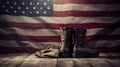 Old combat boots and dog tags with American flag. Neural network AI generated Royalty Free Stock Photo