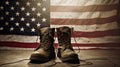 Old combat boots and dog tags with American flag. Neural network AI generated Royalty Free Stock Photo