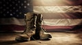 Old combat boots and dog tags with American flag. Neural network AI generated Royalty Free Stock Photo
