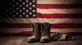 Old combat boots and dog tags with American flag. Neural network AI generated Royalty Free Stock Photo