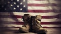 Old combat boots and dog tags with American flag. Neural network AI generated Royalty Free Stock Photo