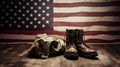 Old combat boots and dog tags with American flag. Neural network AI generated Royalty Free Stock Photo