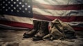 Old combat boots and dog tags with American flag. Neural network AI generated Royalty Free Stock Photo