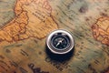 Old compass discovery on vintage paper antique world map Royalty Free Stock Photo