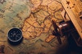 Old compass discovery and wooden plane on vintage paper antique world map Royalty Free Stock Photo