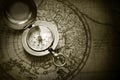 Old compass on vintage map Royalty Free Stock Photo