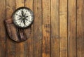 Old compass on wooden background with space for text Royalty Free Stock Photo