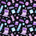 Old computer aestethic 1980s -1990s. Seamless pattern with retro pc elements and technology illustration.
