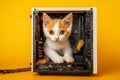 In an old computer case, a cute fluffy cat sits, symbolizing the mix of pet and technology Royalty Free Stock Photo