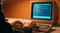 retro computing setup featuring a vintage computer with a crt monitor and a person typing on a classic keyboard in a warm, nostalg Royalty Free Stock Photo