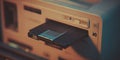 Old computer hardware with a floppy disk inserted in the drive at a desk in a dimly lit room during the evening Royalty Free Stock Photo