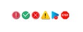 Old computer icons. Abstract pixel art symbols set. Stop or warning signs, isolated media player button and completed or