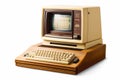 Old computer with keyboard and mouse on wooden stand with white background. Generative AI Royalty Free Stock Photo