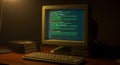 Old Computer Monitor Displaying Code in Dark Room Workspace Royalty Free Stock Photo
