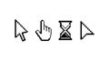 Old computer mouse pointers. Pixelated cursors. Arrow symbols and hand with raised forefinger sign for making selection