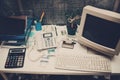 Old computer and phone and calculator on table in office. Royalty Free Stock Photo