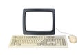 Old computer from the 1990s with a white screen for adding videos and images, retro keyboard and mouse isolated on a white backgro Royalty Free Stock Photo