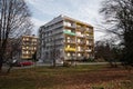 Old concrete apartment building undergoing renovation..