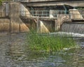 Old concrete foundation under the bridge with small fall in HDR