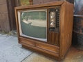 Old console analog TV with little dog reflection Royalty Free Stock Photo