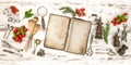 Old cookbook with vegetables, herbs and vintage kitchen utensils