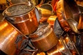 Old cooper pots and pans Royalty Free Stock Photo