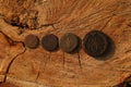 Old copper coins of Russian Empire on wood Royalty Free Stock Photo